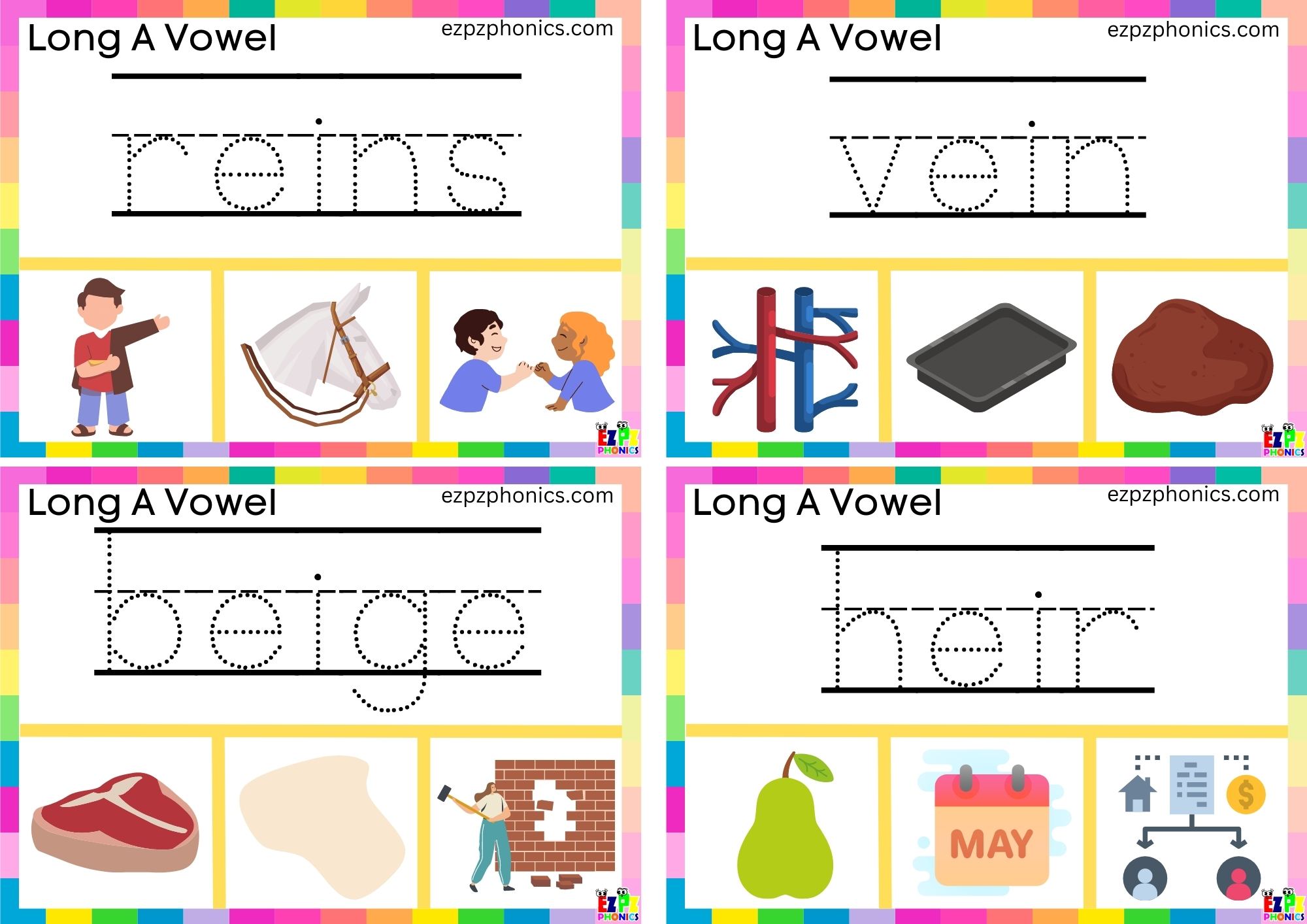 Write the word and clip the image Clip cards for long a vowel ei words